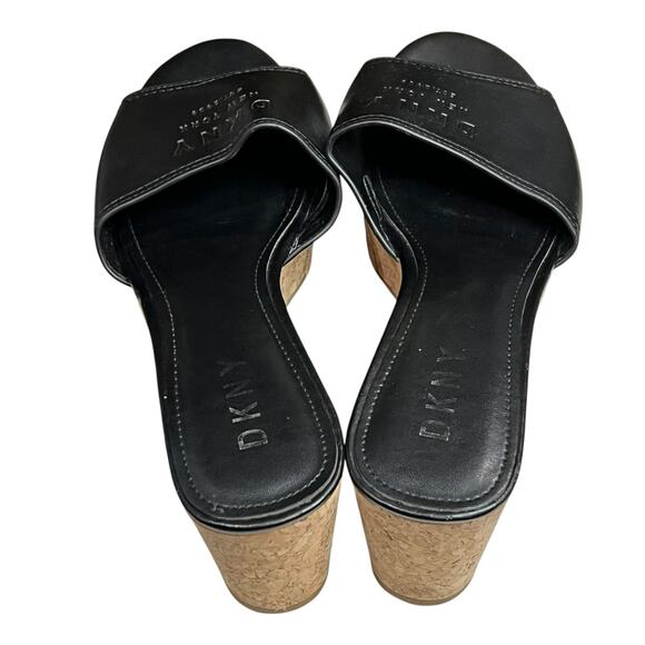DKNY Platform Wedge Sandal Womens 8.5 Black Logo Cork Like Slip On Retro Chic - Picture 8 of 13